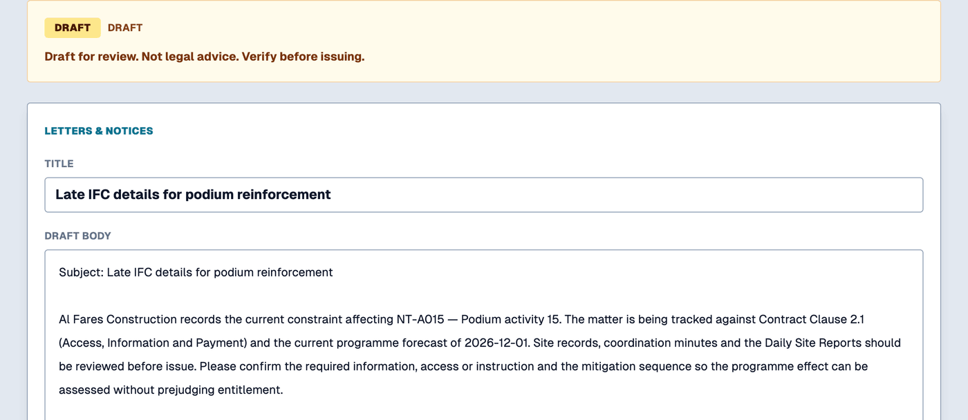 Draft delay notice grounded in Contract Clause 2.1, marked draft for review — not sent